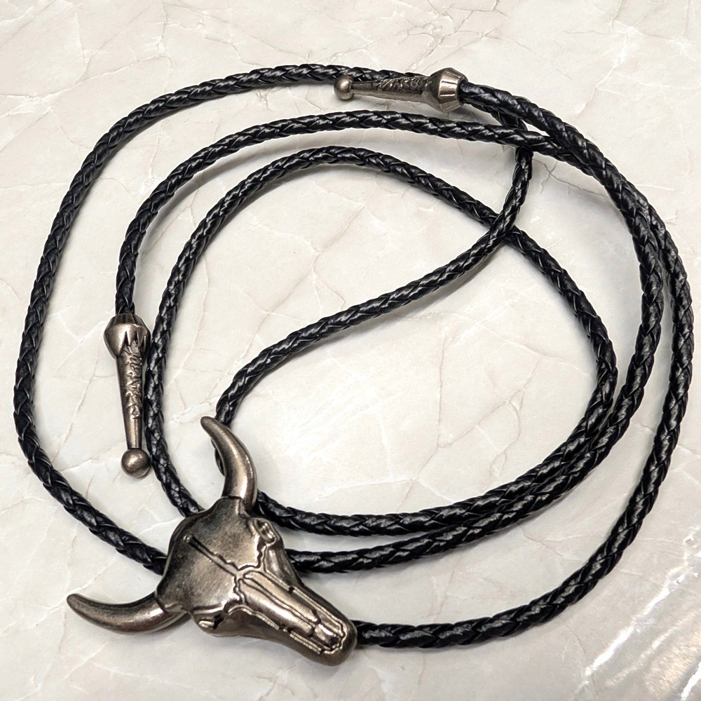 New Bull Skull Bolo Neck Tie Black Braided SilverTone Western Cowboy Longhorn